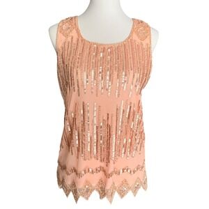 PrettyGuide Rose Gold Sequin Flapper Tank Top Sleeveless Mesh Scalloped Hem S